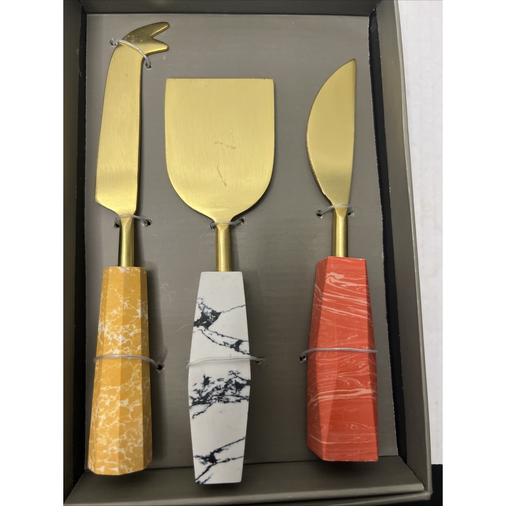 Tozai Home Marble & Brass Cheese Knife Set in box, unused